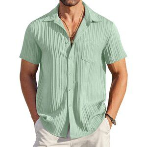 Men's Green Casual Button Down Shirts Short Sleeve Textured Summer Beach Shirt